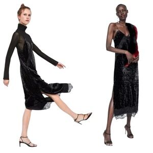 Zara Black Whimsygoth Animal Print Velvet Slip Dress with Lace Trim